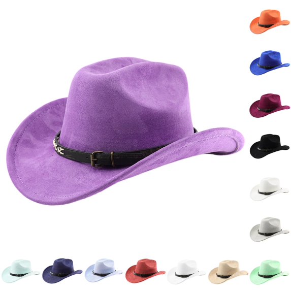 XIAOCHA Women's Adjustable Buckle Band Suede Cowboy Hat Solid Wide Brim Western Hats Horse Riding Cowgirl Hat,Purple