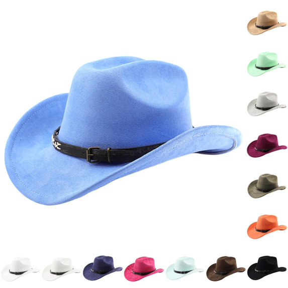 XIAOCHA Women's Adjustable Buckle Band Suede Cowboy Hat Solid Wide Brim Western Hats Horse Riding Cowgirl Hat,Sky Blue