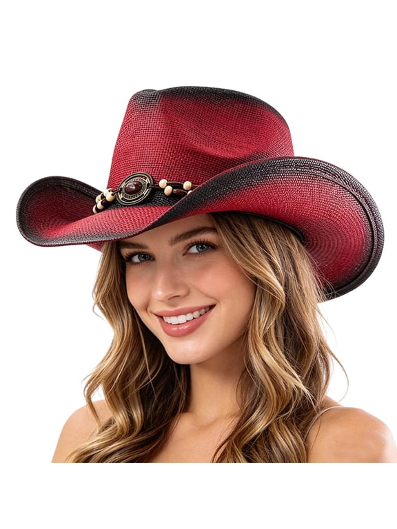 Women's Adjustable Hat Band Straw Cowboy Hat Shapeable Brim Horse Riding Rodeo Cowgirl Hat,Red
