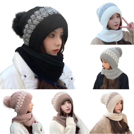 XIAOCHA Women's All‑In‑One Hooded Beanie Solid Outdoor Commute Knit Scarf Fall Winter Head‑Wrap,Black