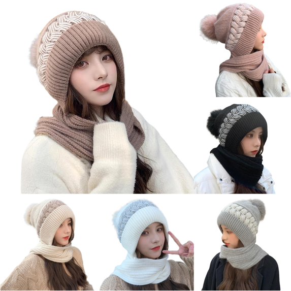 XIAOCHA Women's All‑In‑One Hooded Beanie Solid Outdoor Commute Knit Scarf Fall Winter Head‑Wrap,Khaki