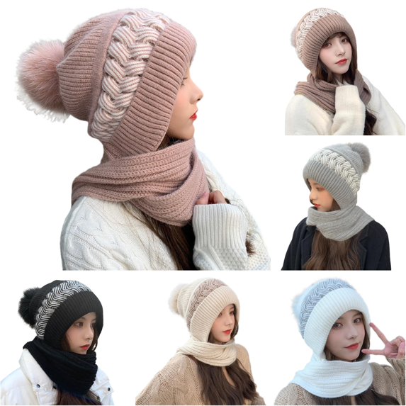 XIAOCHA Women's All‑In‑One Hooded Beanie Solid Outdoor Commute Knit Scarf Fall Winter Head‑Wrap,Pink
