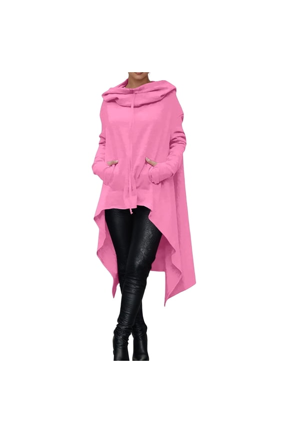 Women's Asymmetric Hem Hooded Coat Loose Fit Zip Up Pocketed Cape Jacket Stylish Edgy Casual Outerwear Top