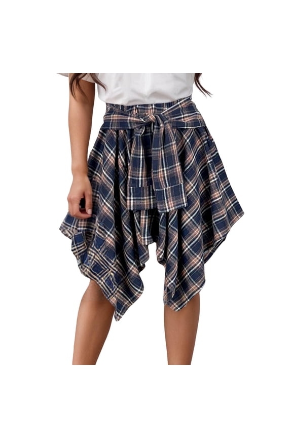 Women's Asymmetrical Tie Waist Plaid Skirt Preppy Campus Streetwear Flowy Short Skirt