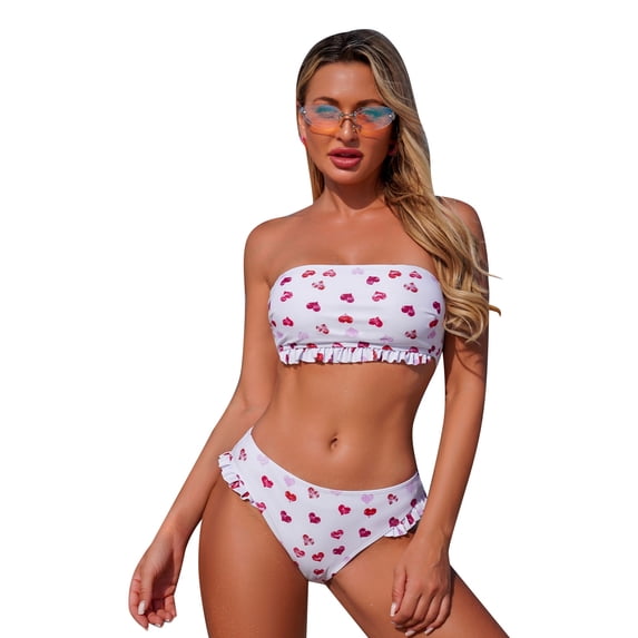 XIAOCHA Women's Bandeau Bikini Set Strapless Sleeveless Heart Print Ruffled Cheeky Bottom Quick Dry Cute Beach Swimsuits