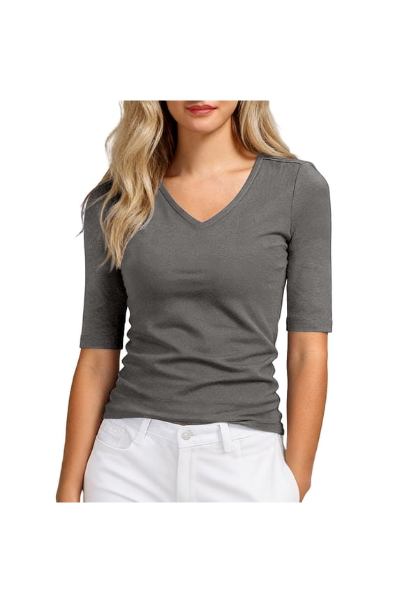 Women's Basic form Fitted T Shirt Three Quarter Sleeve V Neck Pullover Top Stretchy Minimalist Everyday Tees