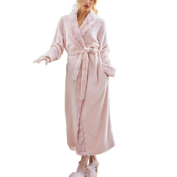 XIAOCHA Women's Bathrobe Faux Fur Trim Plush Loungewear Robe With Belt For Cozy Home Sleepwear