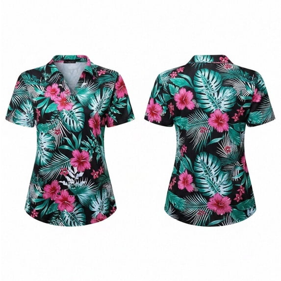 XIAOCHA Women's Beach Short Sleeve Polo Shirt Hibiscus Palm Leaf Print Vacation Sport Tee