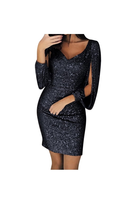 Women's Black Glitter Bodycon Dress Split Bishop Sleeve Sweetheart Neck Mini Dress Glam Nightclub Party Holiday Dress