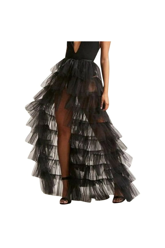 Women's Black Tulle Maxi Skirt Asymmetrical Tiered Ruffle Skirt Glamorous Party Prom Skirts Black One Size