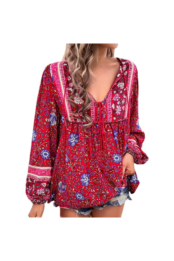 Women's Boho Long Sleeve Blouse V Neck Floral Print Tunic Lightweight Bohemian Vacation Top