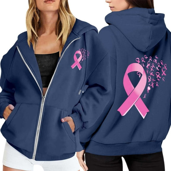 XIAOCHA Women's Breast Cancer Awareness Zippered Hoodie Loose Pink Ribbon Graphic Jackets Comfy Casual Daily Hooded Sweatshirt