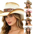 thumbnail image 1 of XIAOCHA Women's Breathable Straw Cowboy Hat Sun Protection Shapeable Brim Horse Riding Rodeo Cowgirl Hat,Beige, 1 of 3