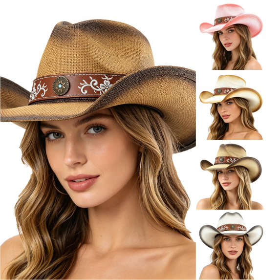XIAOCHA Women's Breathable Straw Cowboy Hat Sun Protection Shapeable Brim Horse Riding Rodeo Cowgirl Hat,Coffee
