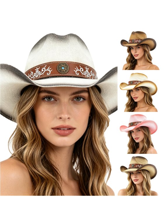Women's Breathable Straw Cowboy Hat Sun Protection Shapeable Brim Horse Riding Rodeo Cowgirl Hat,White