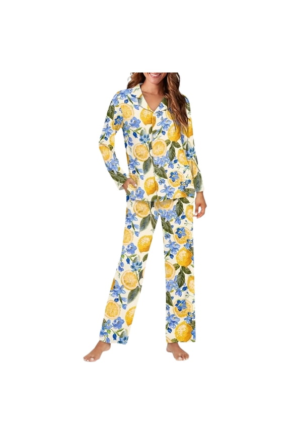 Women's Button Front Printed Pajama Set Turn-Down Collar Sleep Wear For Night Rest