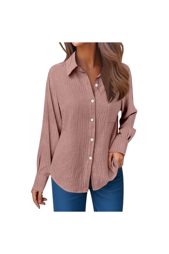 Women's Casual Button Up Long Sleeve Turn Down Collar Crinkled Gauze Blouse Stylish Versatile Everyday Wear Tops