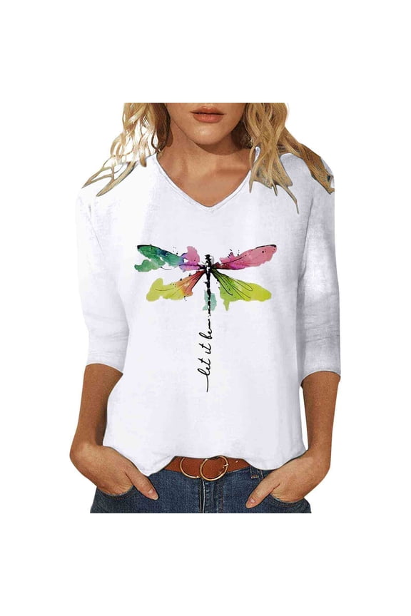 Women's Casual Graphic T Shirt V Neck Watercolor Dragonfly Print Top Breathable Bohemian Daily Wear Tee