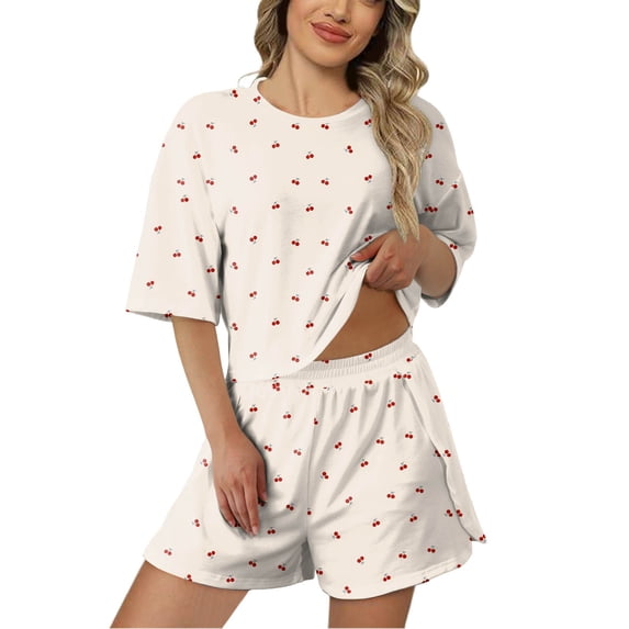 XIAOCHA Women's Cherry Print Pajama Set Loose Short Sleeve Crew Neck Sleepwear Cozy Playful Loungewear Pajamas Set