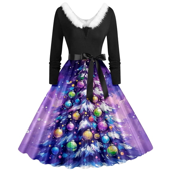 Vs Tree XIAOCHA Women's Christmas Swing Midi Dress Paint Splash Bauble Tree ...