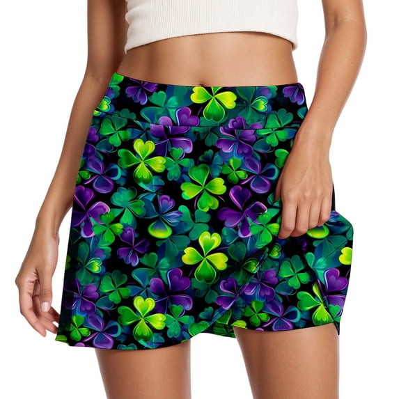 XIAOCHA Women's Clover Print Mini Skort Flared High Waisted Pocket Skort Breathable Playful Party Skirts