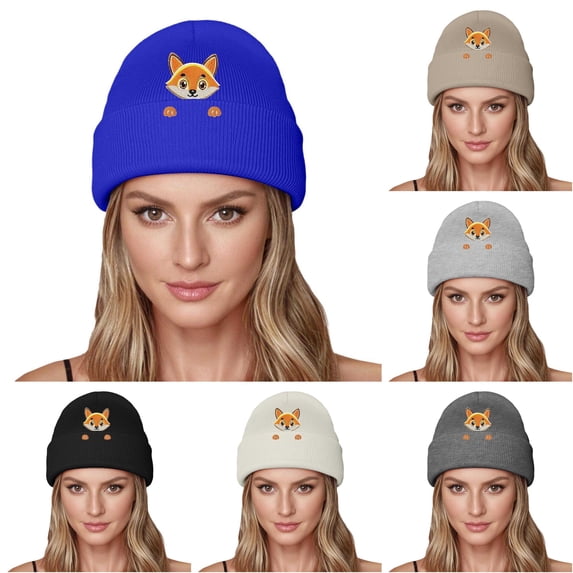 XIAOCHA Women's Comfy Fall‑Winter Beanie,Fox‑Embroidered Outdoor Skullcap,Blue