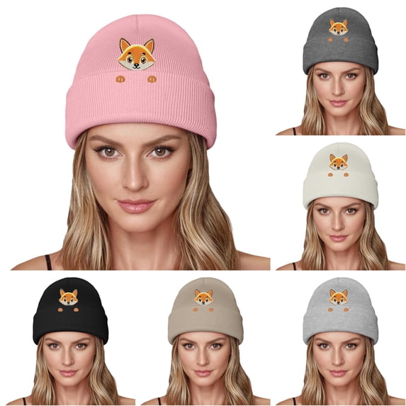XIAOCHA Women's Comfy Fall‑Winter Beanie,Fox‑Embroidered Outdoor Skullcap,Pink
