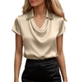 thumbnail image 1 of XIAOCHA Women's Cowl Neck Satin Blouses Short Sleeve Turn Down Collar Pullover Top Elegant Office Tops, 1 of 5