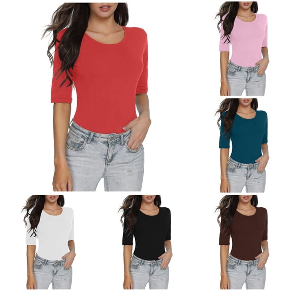 XIAOCHA Women's Crew Neck Fitted Bodysuit Elbow Sleeve Slim Fit Daily Casual Tees
