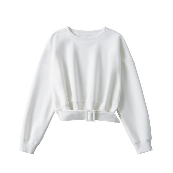 XIAOCHA Women's Cropped Belted Sweatshirt Loose Crew Neck Pullover Top Stretchy Elegant Office Sweatshirts