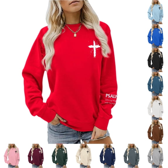 XIAOCHA Women's Cross Psalm Text Graphic Sweatshirt Long Sleeve Crewneck Pullover Faith Casual Sweatshirt, Red, Sizes XXL