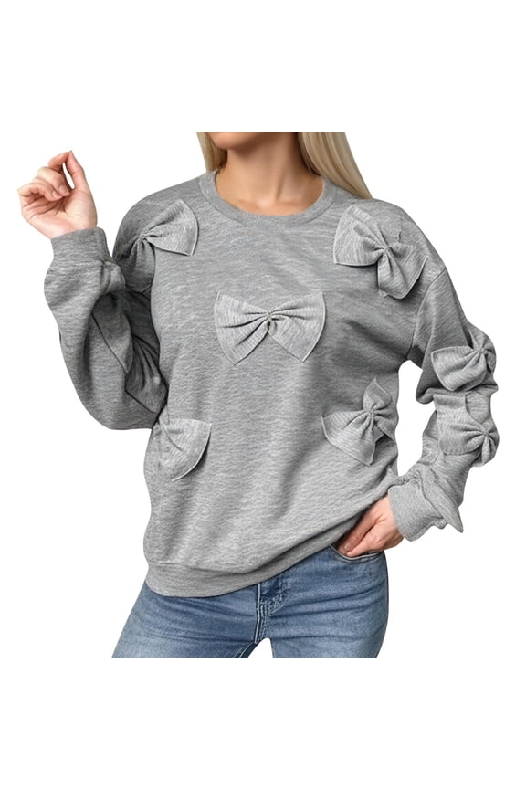 Women's Cute Bow Decor Sweatshirt Casual Long Sleeve Pullover Top Breathable Comfy Daily Sweatshirts
