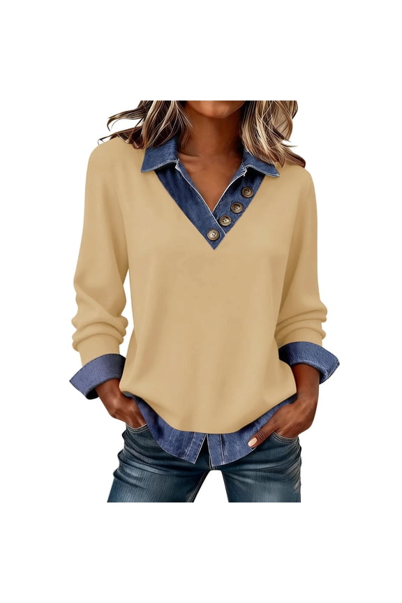 Women's Denim Trim Twofer Top V Neck Long Sleeve Button Accent Black Blouse Casual Everyday Layering Shirt