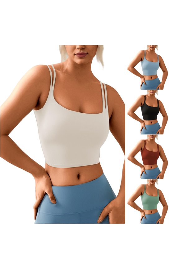 Women's Double Strap Crop Tank Scoop Neck Slim Fit Gym Workout Tops
