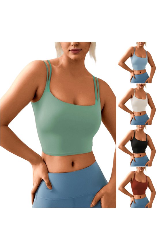 Women's Double Strap Crop Tank Scoop Neck Slim Fit Gym Workout Tops