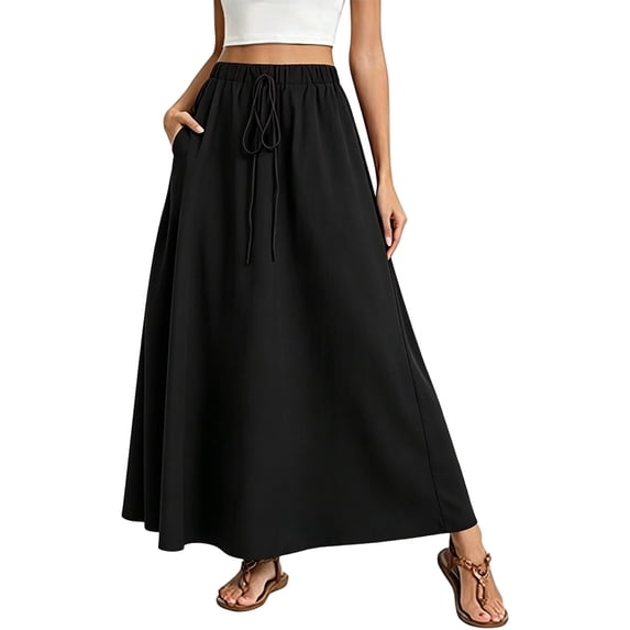 XIAOCHA Women's Drawstring Elastic Waist A-Line Maxi Skirt Casual Loose-Fit Everyday Long Skirt with Side Pockets