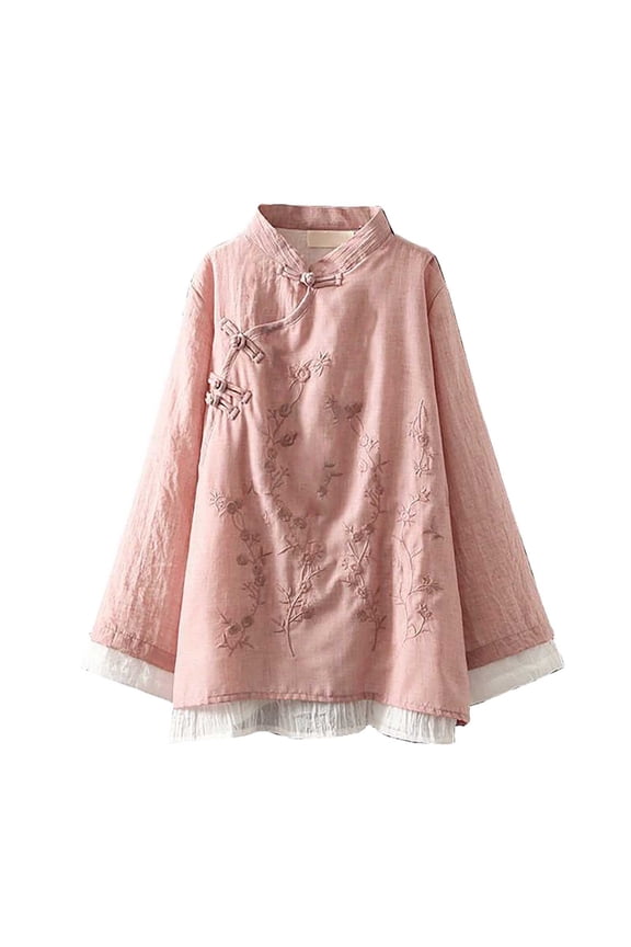 Women's Embroidered Linen Blouse Mandarin Collar Button Tunic Breathable Retro Casual Top
