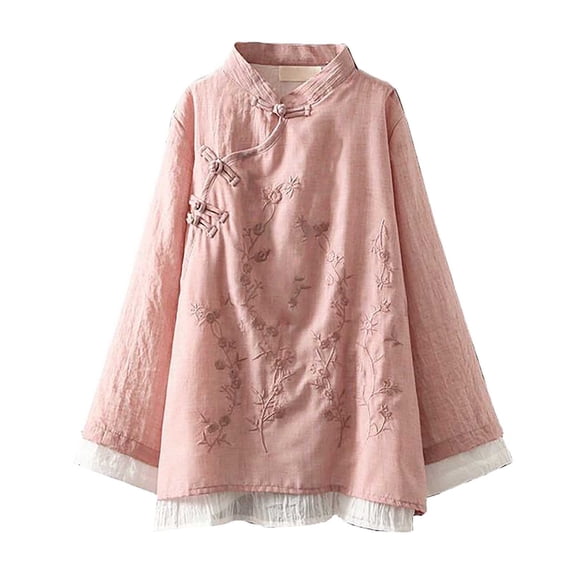 XIAOCHA Women's Embroidered Linen Blouse Mandarin Collar Frog Button Tunic Breathable Retro Casual Top