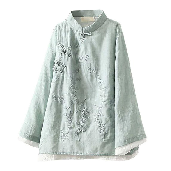 XIAOCHA Women's Embroidered Linen Blouse Mandarin Collar Button Tunic Breathable Retro Casual Top