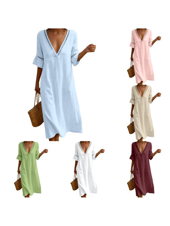 Women's Eyelet V Neck Maxi Dress Flare Sleeve Loose Fit Maxi Dresses Summer Beach Flow Long Sundress
