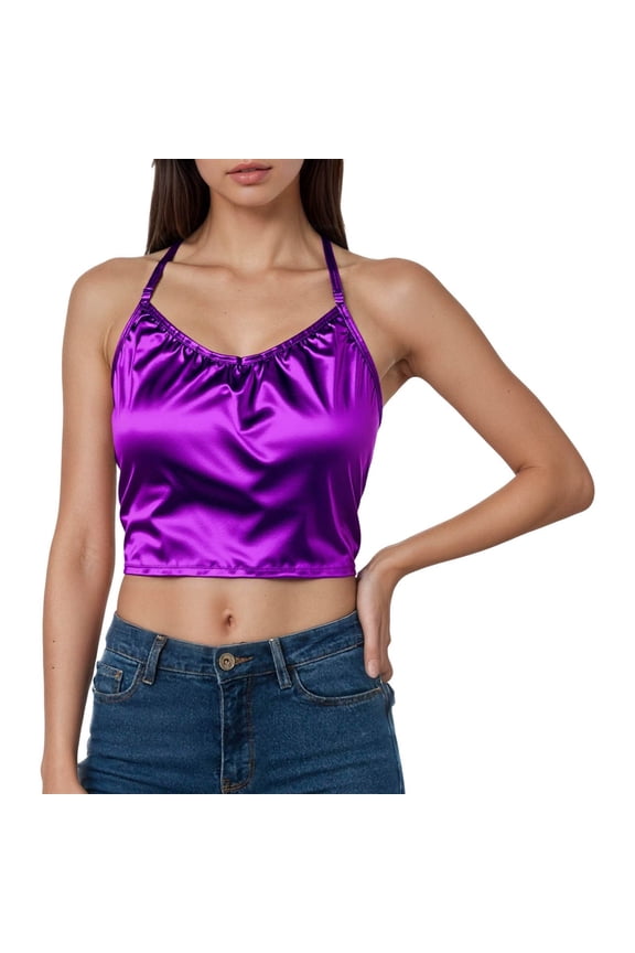 Women's Faux Leather Halter Top Ruched Neckline Cropped Cami Stretchy Edgy Night Out Tank