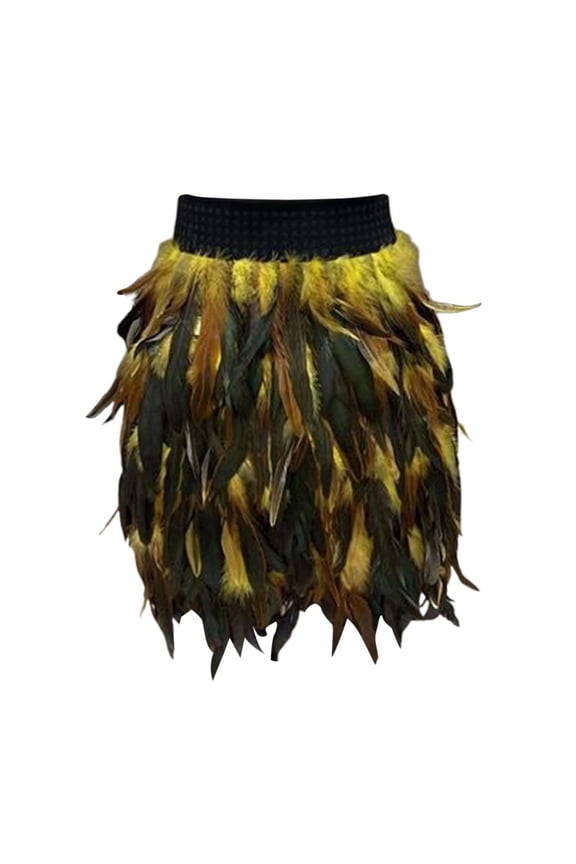 Women's Feather Trim Mini Skirt High Waist Layered Plume Skirt Bold Stage Performance Skirts Yellow