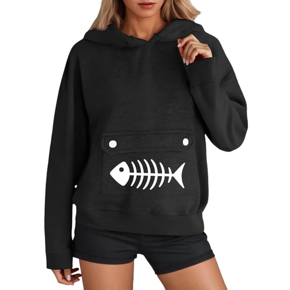 XIAOCHA Women's Fishbone Print Hoodie Oversized Long Sleeve Hooded Pullover Soft Casual Everyday Hoodies