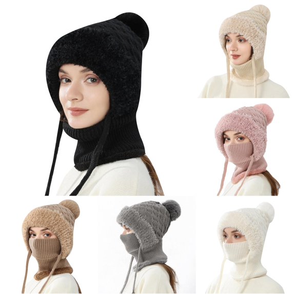XIAOCHA Women's Fleece‑Trim Ear‑Flap Beanie Solid Outdoor Snow Neck Gaiter Fall Winter Neckwear,Black