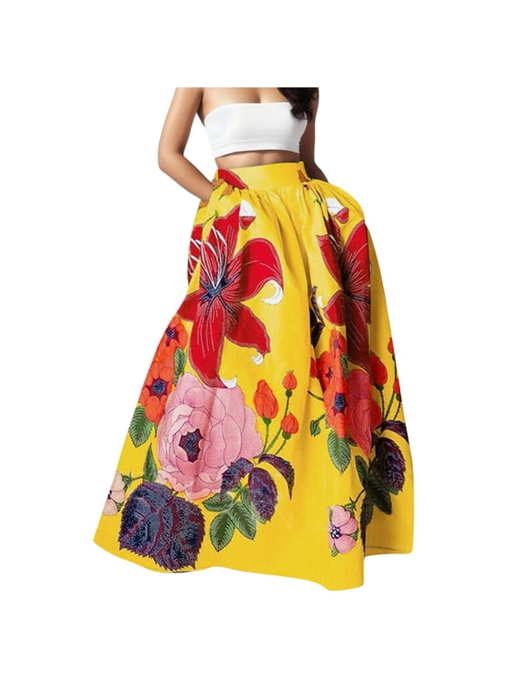 Women's Floral Embroidery Maxi Skirt High Waist A Line Full Circle Skirt Bohemian Party Evening Wear Skirt