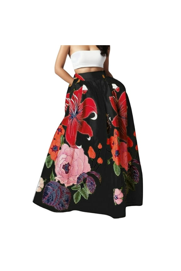 Women's Floral Embroidery Maxi Skirt High Waist A Line Full Circle Skirt Bohemian Party Evening Wear Skirt