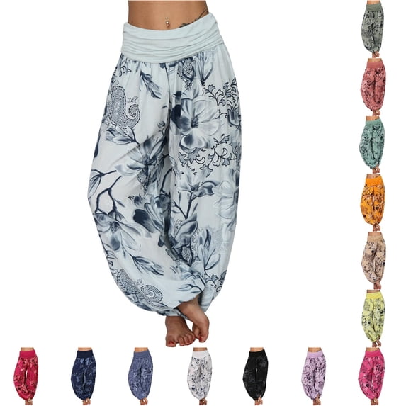 XIAOCHA Women's Floral Harem Pants Fold Over Waistband Baggy Fit Casual Trousers