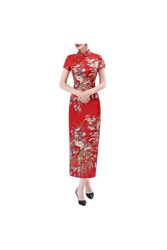 Women's Floral Print Cheongsam Short Sleeve Mandarin Collar Maxi Dress Traditional Chinese Formal Event Dress