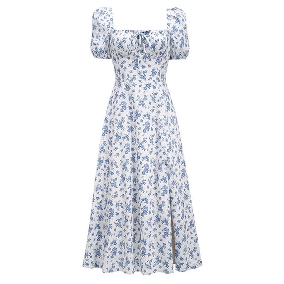 XIAOCHA Women's Floral Print Dress Fitted Square Neck Puff Sleeve Side Slit Midi Dress Smooth Romantic Party Dresses