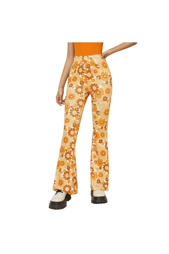 Women's Floral Print Flare Pants High Waist Retro Design Trousers Groovy 70s Style Casual Bottoms